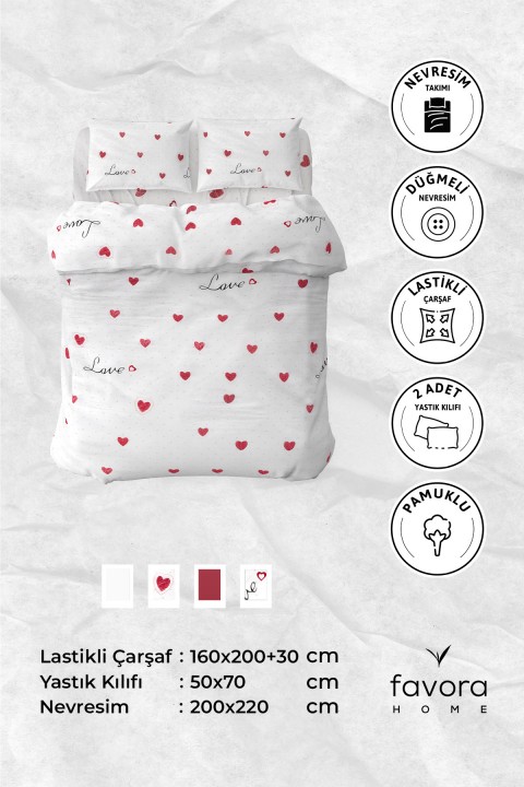 Royal Love Lastikli Çarşaflı Çift Kişilik Nevresim Takımı - Beyaz