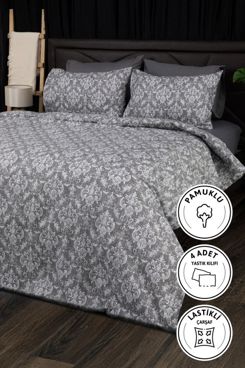 Sarmal Lastikli Çarşaflı Çift Kişilik Nevresim Takımı - Antrasit