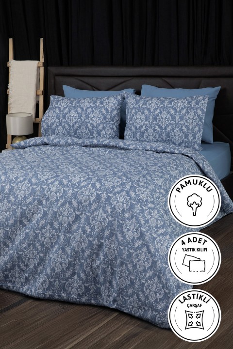 Sarmal Lastikli Çarşaflı Çift Kişilik Nevresim Takımı - Mavi