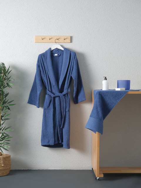 Tuwa Unisex Pamuklu L Beden Tekli Bornoz Seti - Mavi