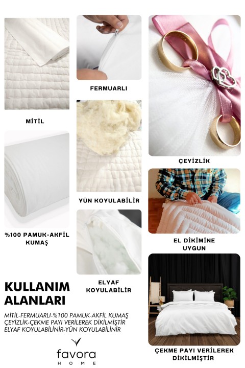 Yorgan Astar Şiltesi %100 Pamuk Çift Kişilik Fermuarlı Yorgan Yastık İç Kılıfı 200x220 - Beyaz