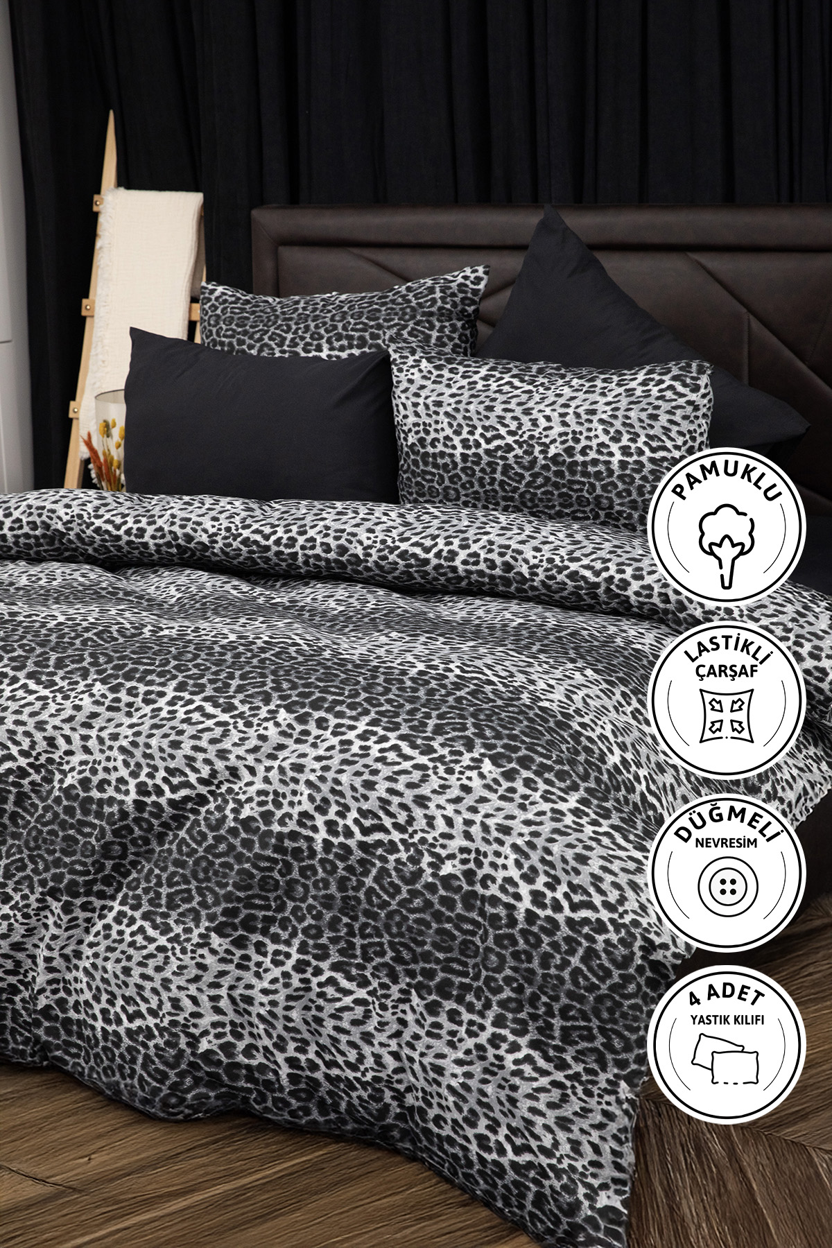 Siyah Leopar Desenli Lastikli Çarşaflı Çift Kişilik Nevresim Takımı Siyah Leopar Desenli Lastikli Çarşaflı Çift Kişilik Nevresim Takımı