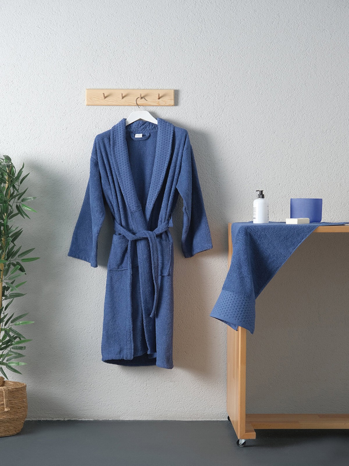 Tuwa Unisex Pamuklu L Beden Tekli Bornoz Seti - Mavi