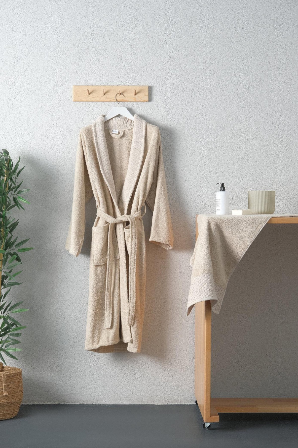 Tuwa Unisex Pamuklu XL Beden Tekli Bornoz Seti - Bej