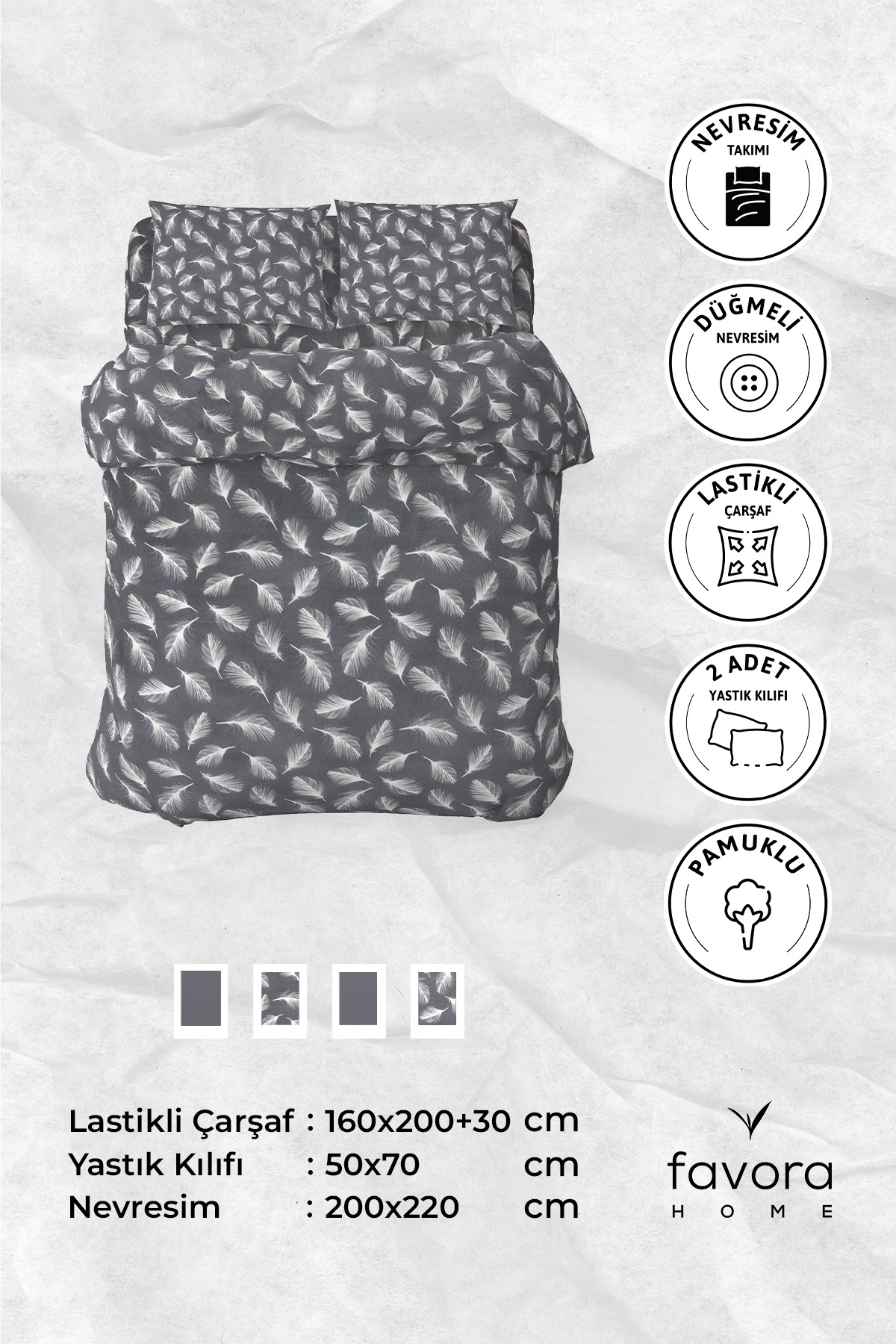 Esliva Lastikli Çarşaflı Çift Kişilik Nevresim Takımı - Antrasit Esliva Lastikli Çarşaflı Çift Kişilik Nevresim Takımı - Antrasit