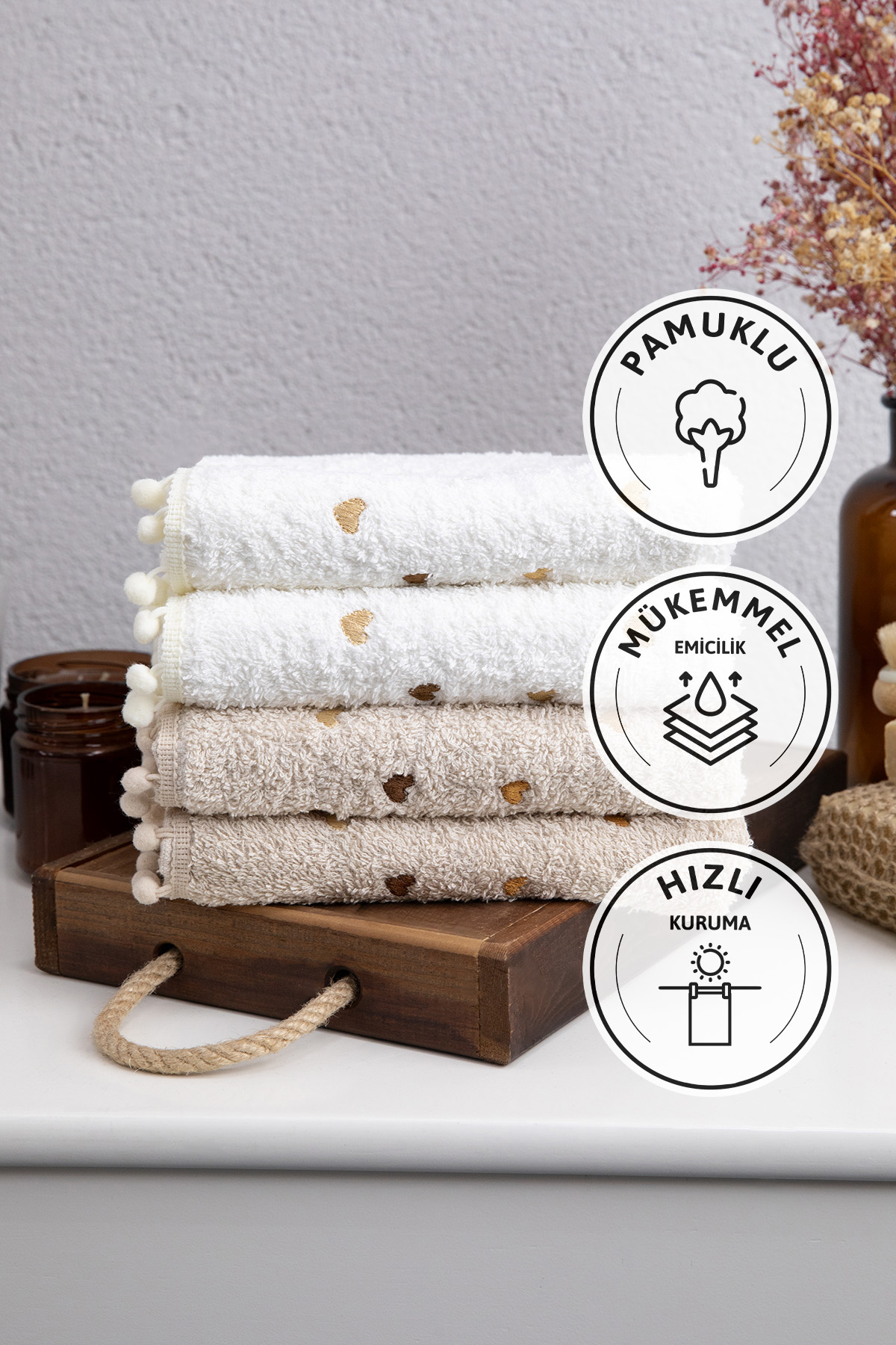 Yoncagül Ponponlu 4lü El Yüz Havlusu - Krem - Bej Yoncagül Ponponlu 4lü El Yüz Havlusu - Krem - Bej