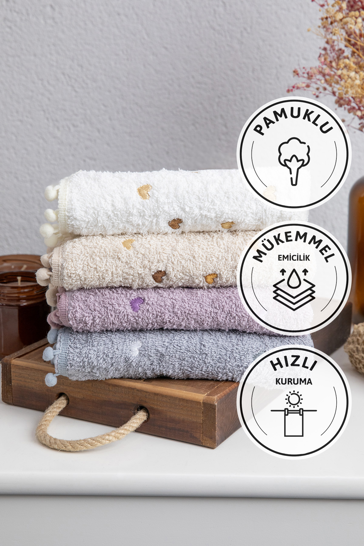 Yoncagül Ponponlu 4lü El Yüz Havlusu - Krem - Gri Yoncagül Ponponlu 4lü El Yüz Havlusu - Krem - Gri