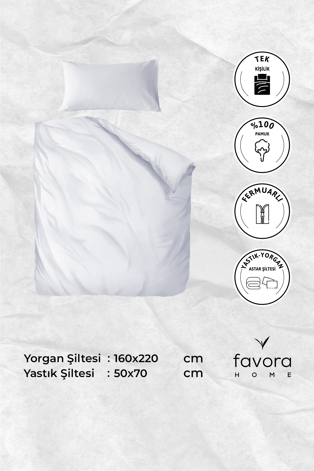 Yorgan Astar Şiltesi %100 Pamuk Tek Kişilik Fermuarlı Yorgan Yastık İç Kılıfı 160x220 - Beyaz